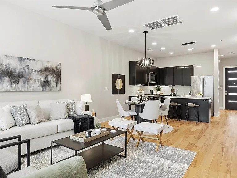 Enfield living and kitchen after, staged